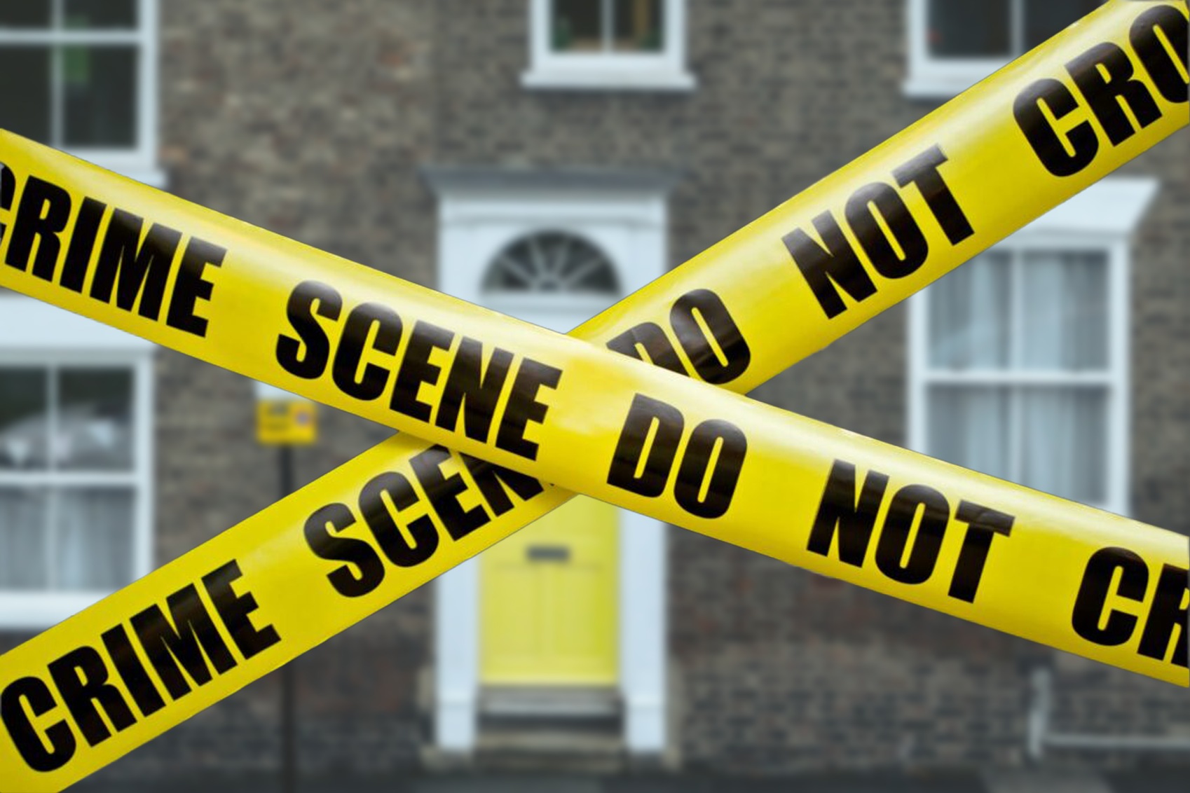 Image of the front door of a British home with crime scene tape in the foreground