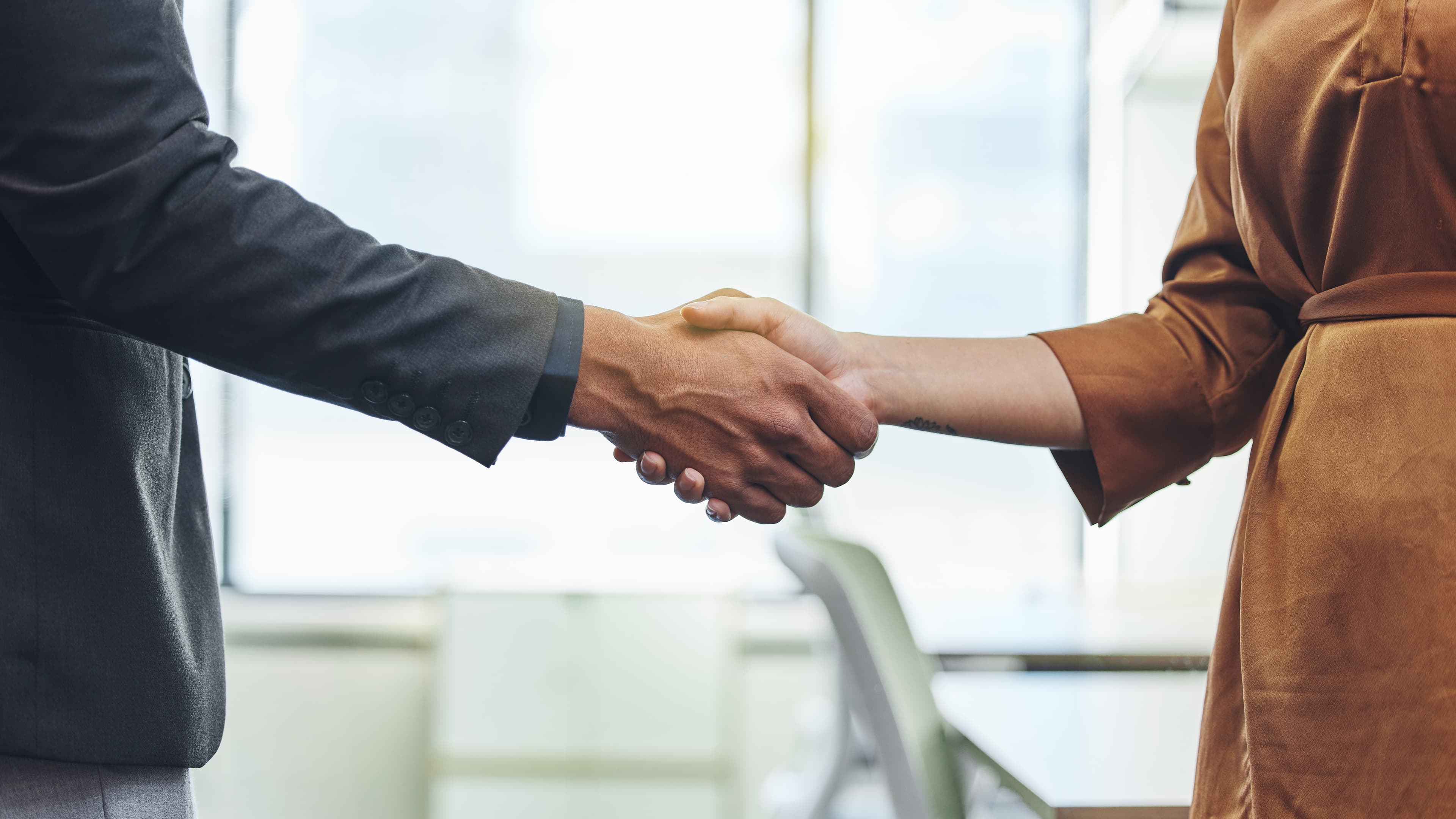 Handshake, agreement and deal with business people in office for meeting, contract and opportunity. Partnership, job promotion and teamwork with employee shaking hands for welcome, hello and b2b