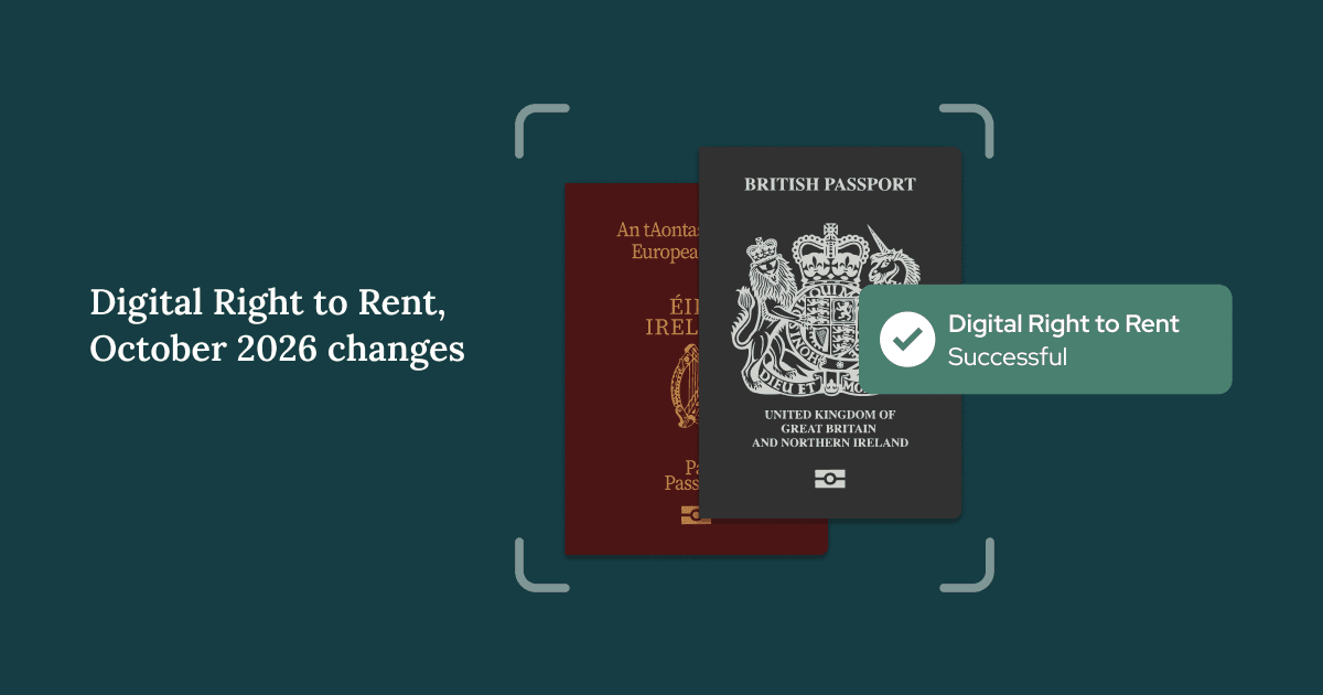 Two passports with a "Digital Right to Rent Successful" checkmark, and the text "Digital Right to Rent, October 2026 changes."