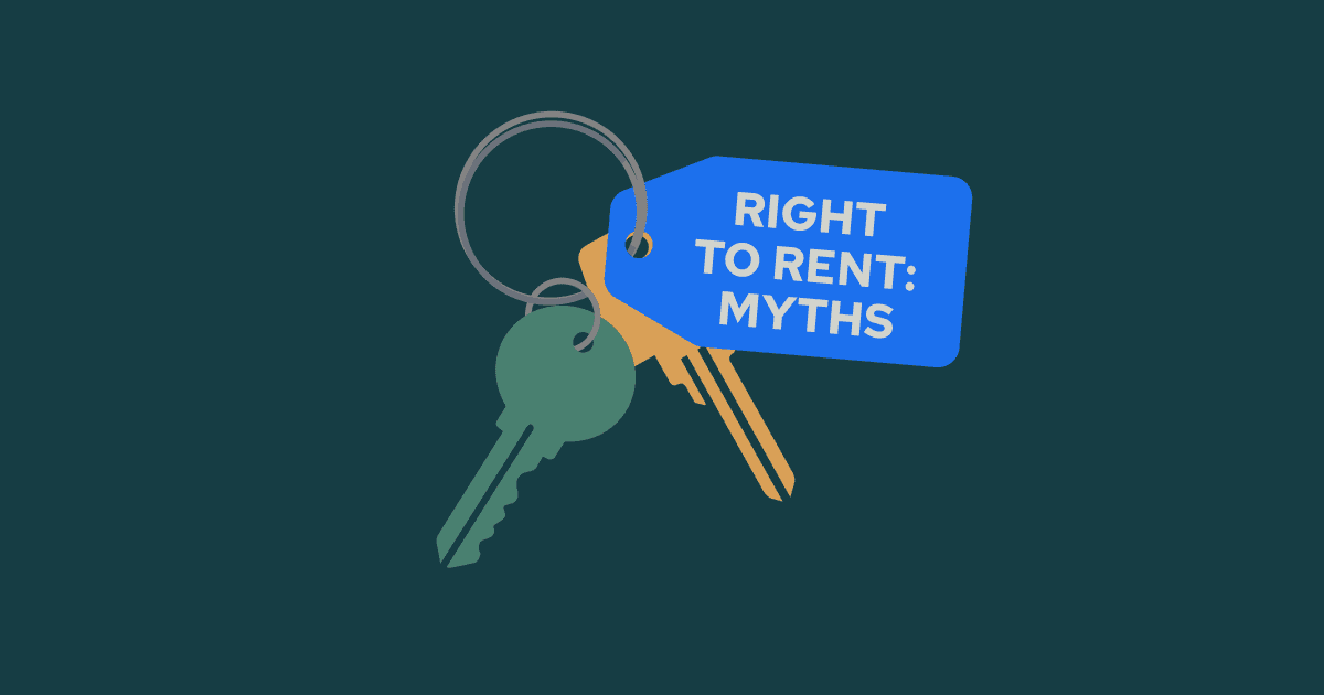 A keyring with two keys and a blue tag reading "Right to Rent: Myths" on a dark background.