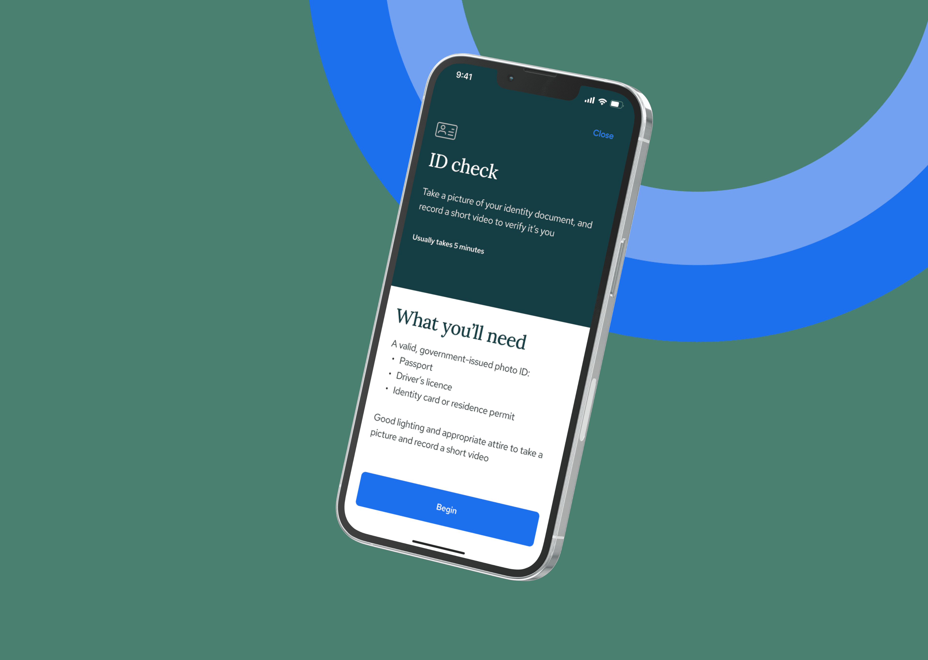 Smartphone displaying an ID check app screen, listing required documents like a passport or driver's license, with a "Begin" button at the bottom.