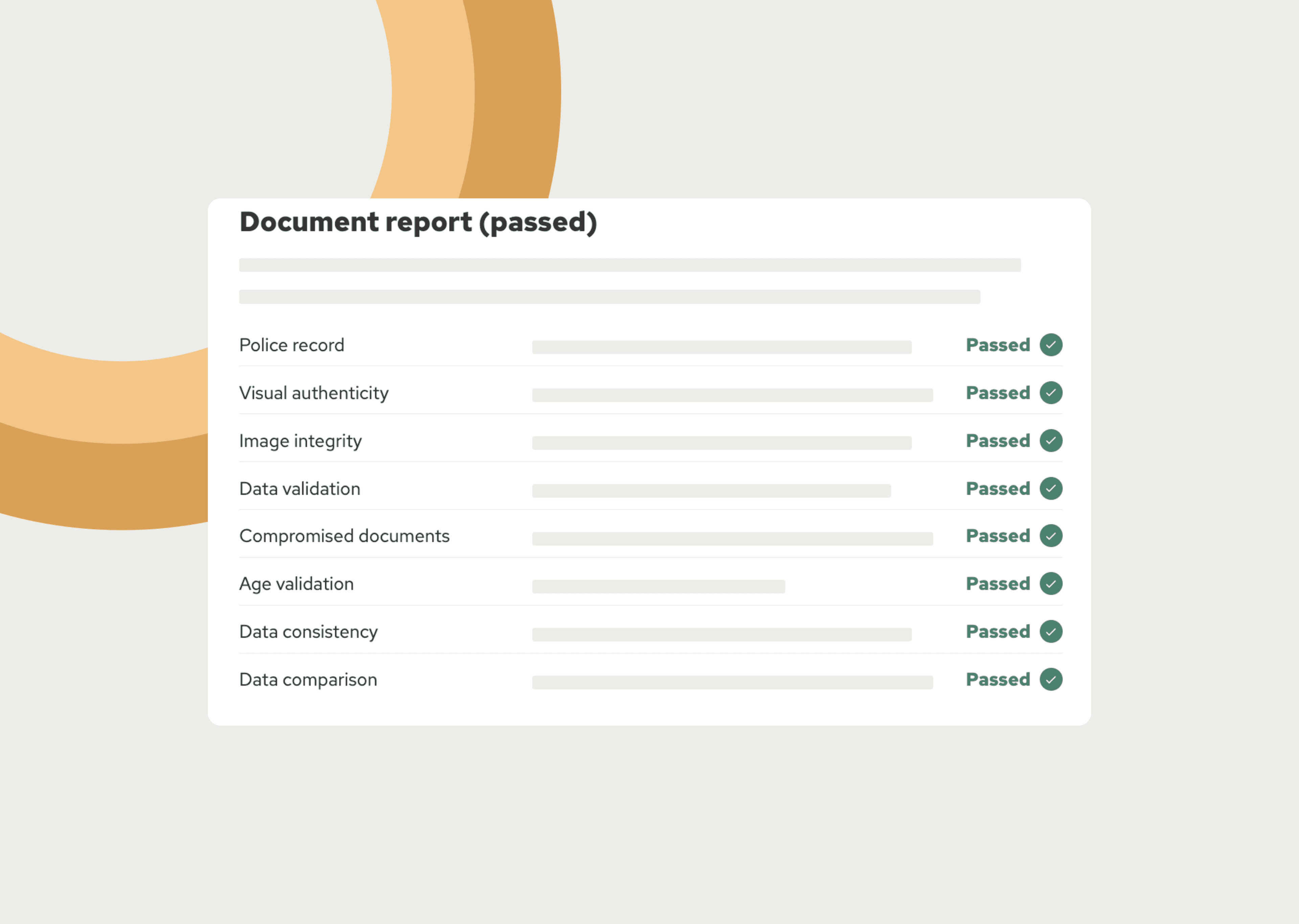 A document report showing various checks like police record, image integrity, and data validation, all marked as "Passed" with green checkmarks.