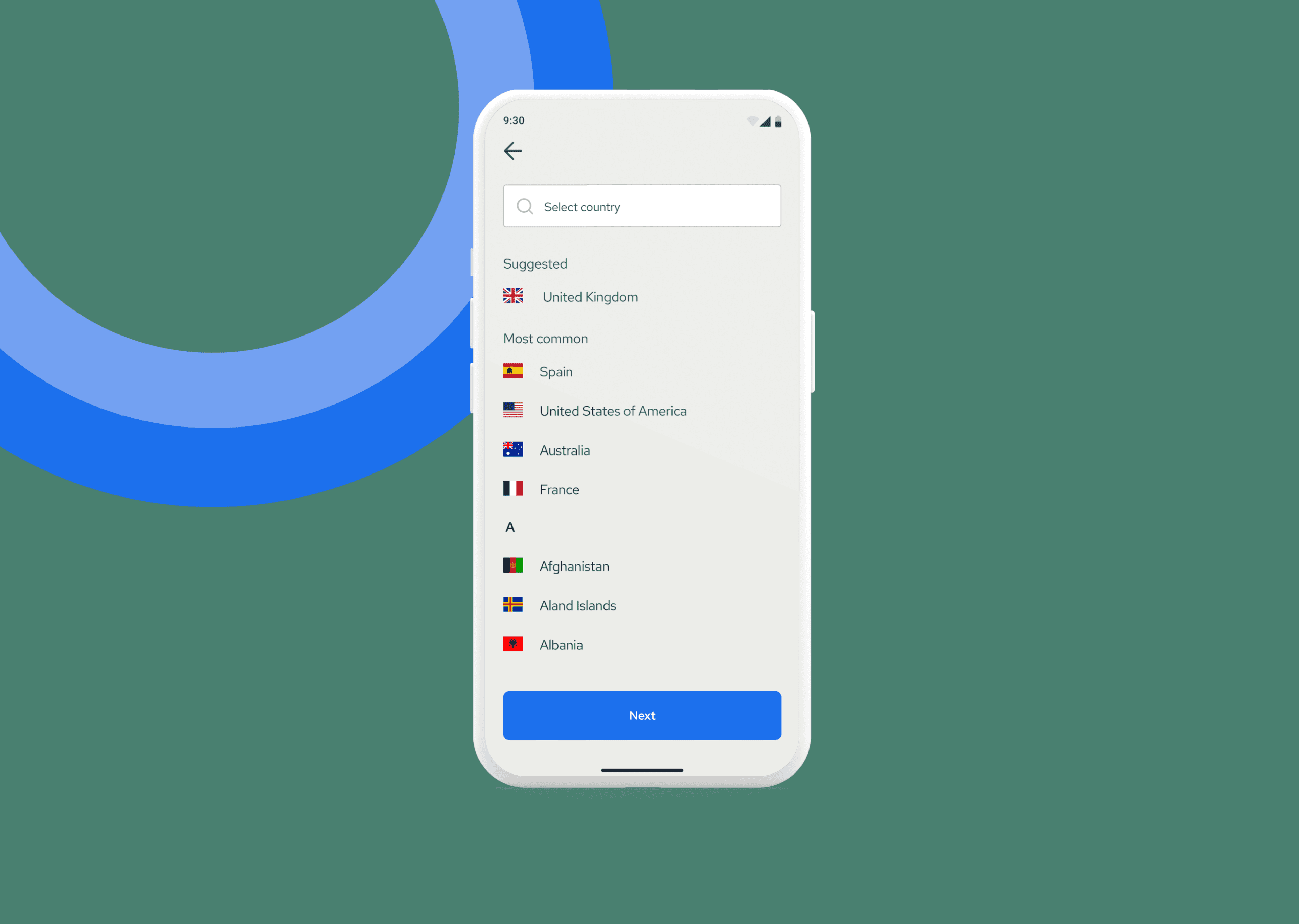 Smartphone displaying a country selection menu with flags, including the UK, Spain, USA, Australia, France.