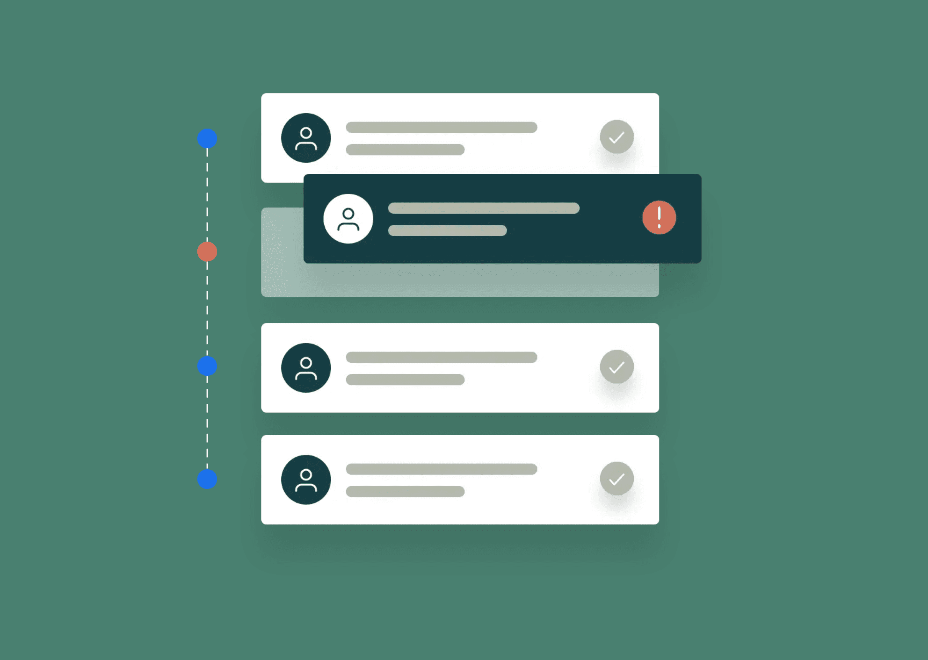 A digital interface with user profile icons, checkmarks, and a notification alert on a green background.