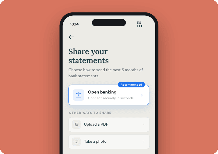 Phone screen showing options to share bank statements: "Open banking" (recommended), "Upload a PDF," and "Take a photo."