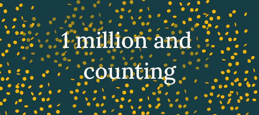 The phrase "1 million and counting" is displayed on a dark background with scattered gold coins..